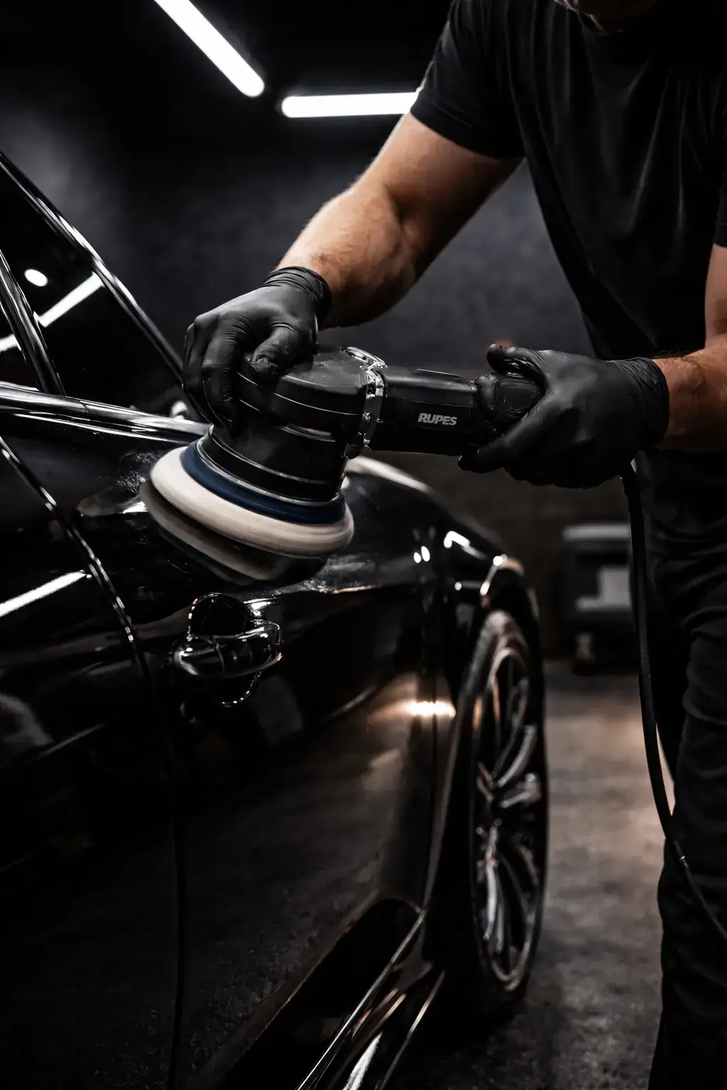 Detailer polishing a vehicle panel with professional equipment